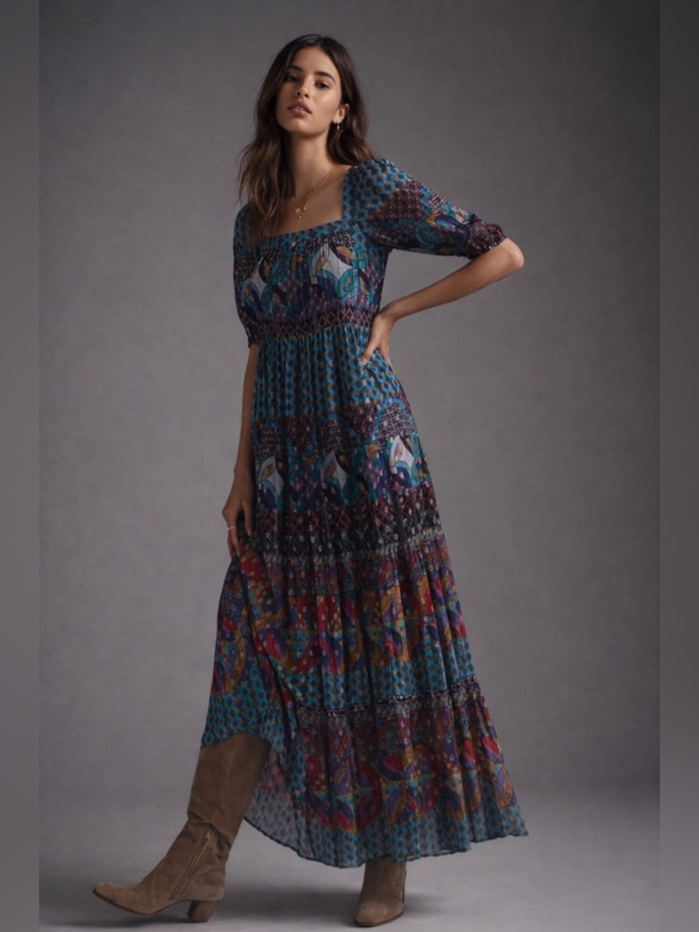 Anthropologie Teal Blue Floral Patchwork Maxi Dress